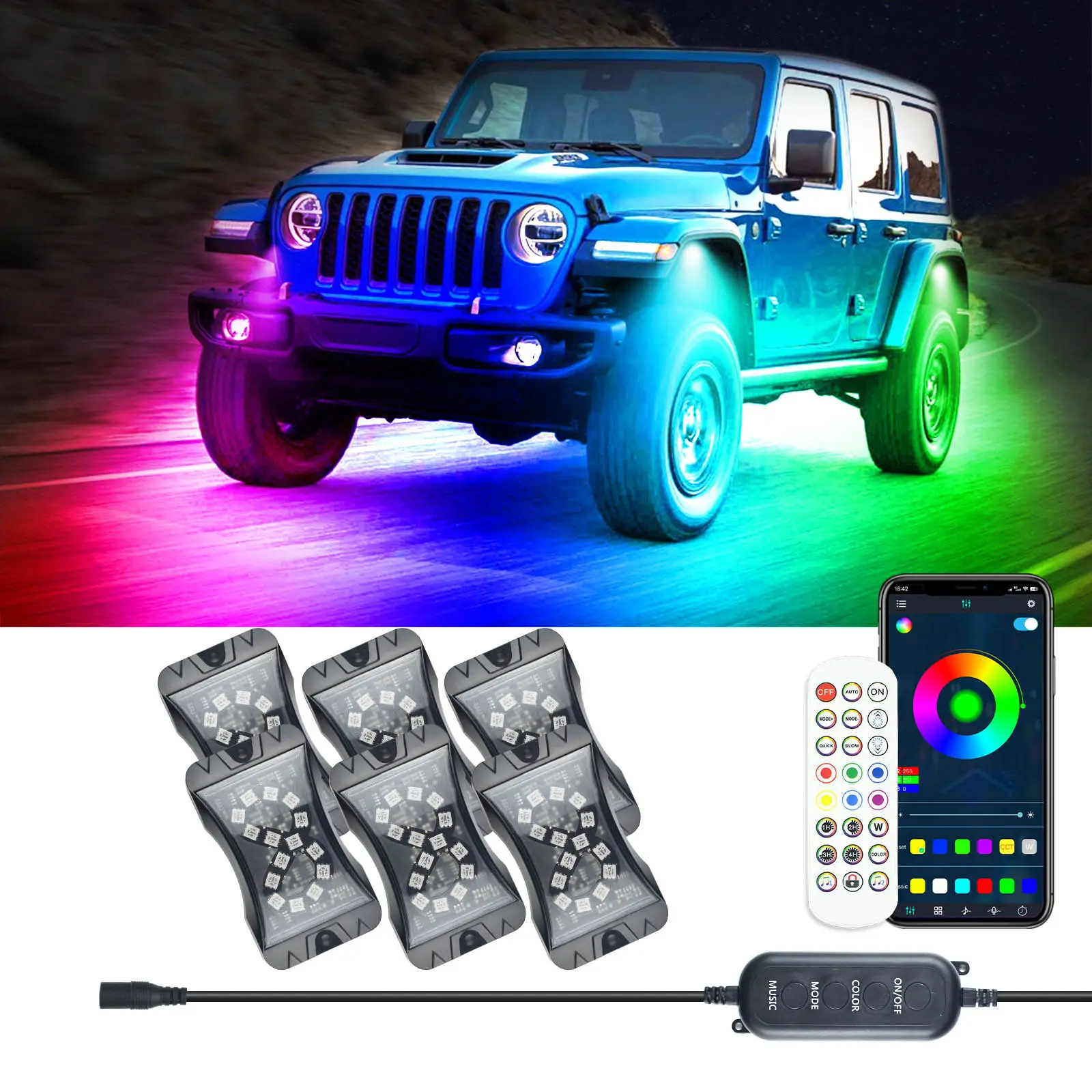 QEEDON IP68 9W 18W 36W RGB APP Controller Crawl 4/6/8 Pods UTV Bright LED RGB Rock Lights
