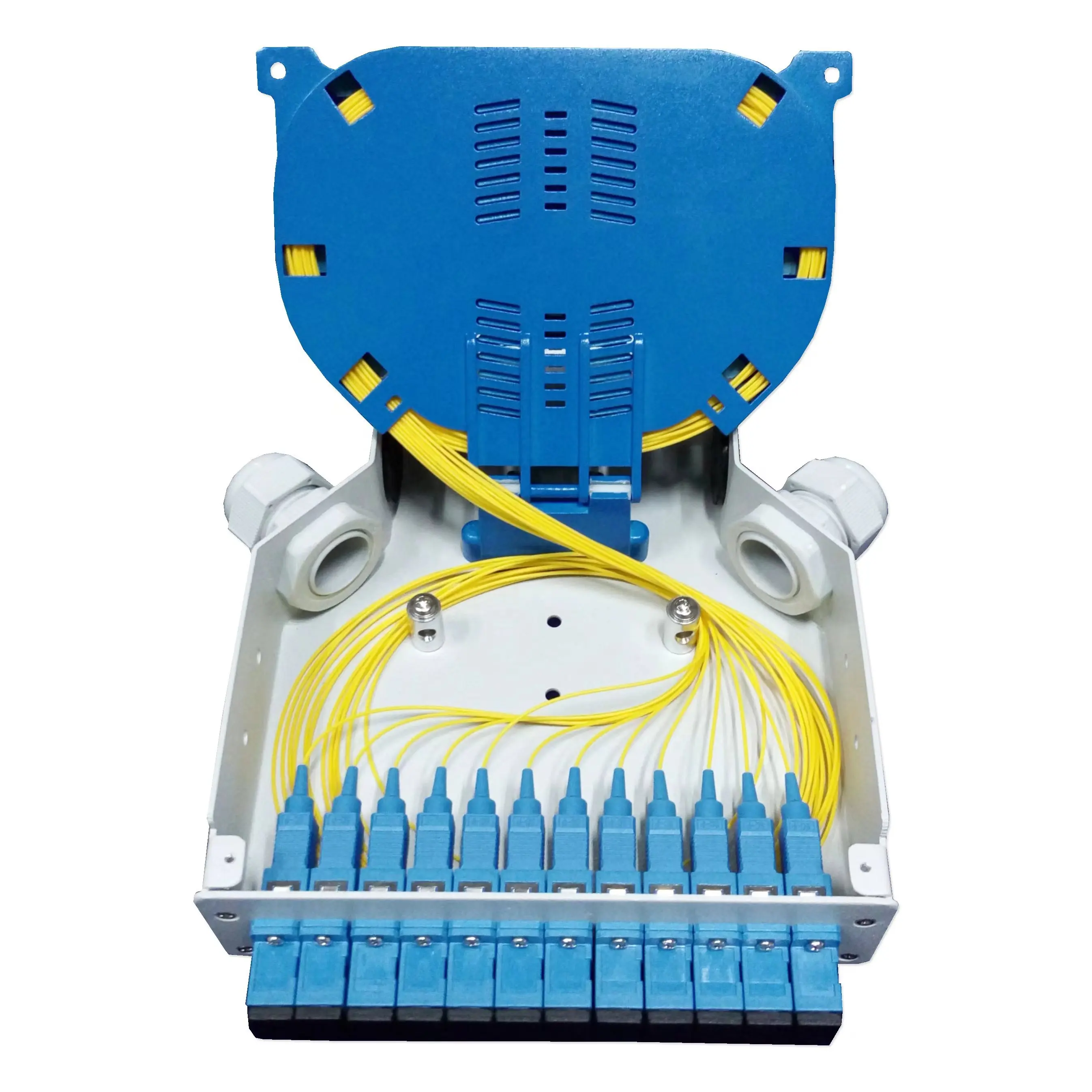 FTTH 12 Core DIN Rail montato in fibra ottica scatola terminale in alluminio con 12 SC adattatori e 24 Fiber Splice vassoio scatola terminale