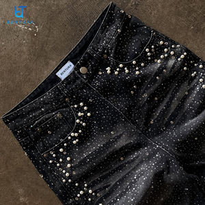<span class=keywords><strong>Pantalon</strong></span> en jean streetwear personnalisé BENTURA avec logo, jambe droite, effet froissé, délavage acide, entièrement orné de <span class=keywords><strong>strass</strong></span> et de perles pour homme - Product Image 3