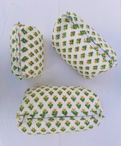 Quilted Cotton Wash <b>Bag</b> Handmade Block Print Embroidered Cosmetic Pouch <b>Toiletry</b> Travel Organizer - Product Image 3