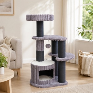BSCI Factory Unique Curved Grey Corduroy Sturdy Tower with Sisal Wrapped <b>Post</b> Sleeping Home <b>Cat</b> Tree - Product Image 1