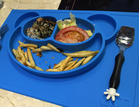 Refine Factory Assiette à ventouse pour bébé en silicone motif visage souriant, plateau de repas compartimenté intégré, antidérapante et anti-renversement, avec tapis de table