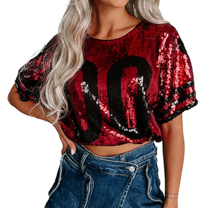 Haut en jersey à paillettes brillantes personnalisé pour jeunes filles, crop top court avec manches bouffantes rayées scintillantes, t-shirt de cheerleader - Product Image 4
