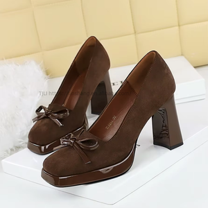Womens Burgundy Suede Pumps Square Toe <b>Block</b> Heel High Heels With Bow Decoration on Formal Shoes for Office Party - Product Image 3