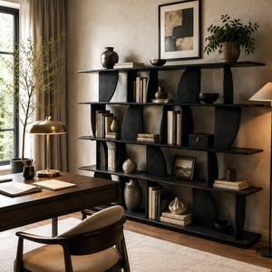 Libreria Moderna Nera in <span class=keywords><strong>Legno</strong></span> Massello, Scaffale Geometrico Grande Stile Wabi Sabi <span class=keywords><strong>per</strong></span> Soggiorno - Product Image 2
