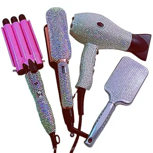 Hot sale salon tools set high temperature hair straightener iron rhinestone triple barrel hair curler deep Bling Curling Iron