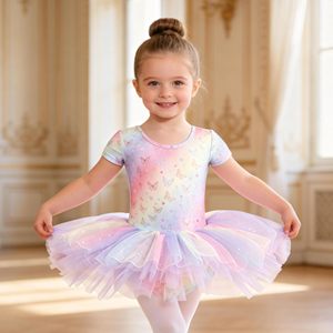 Vestido de Ballet para Niñas, Tutú con Estampado de Mariposas Arcoíris, Leotardo de Manga Corta, Ropa de Danza de Tul para Práctica y Actuaciones - Product Image 4