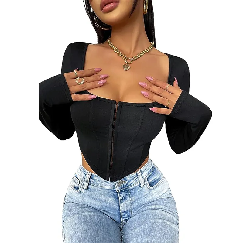 Women's Square Neck Corset Bustier Long Sleeve Fitted Crop Top