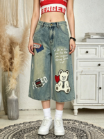 Jean vintage délavé pour femme, coupe large, avec patch ours mignon et imprimé lettres, pantalon capri en denim 7/8