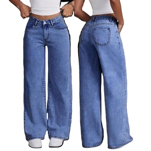 I-0740 Jeans en denim pour <span class=keywords><strong>femme</strong></span>, style estival tendance, taille haute, <span class=keywords><strong>grande</strong></span> taille, coupe droite ample, pantalon décontracté à <span class=keywords><strong>jambe</strong></span> large, long et à séchage rapide - Product Image 1