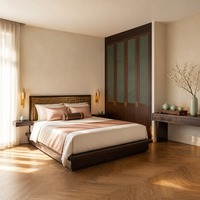 Lit rembourré de qualité hôtelière avec tête de lit haute en tissu pour l'ameublement des chambres d'hôtel et d'appartements équipés