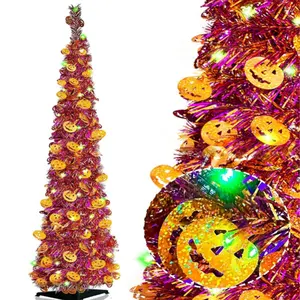 Pre-lit Mini Pencil Artificial Collapsible Purple & Orange Pumpkin Glitter Tinsel Tree with Spooky Green Lights For Halloween