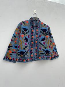 Vêtements d'hiver pour femmes manteau extérieur multicolore broderie coton Suzani à la main manches longues ouvert avant veste imprimé polaire - Product Image 3