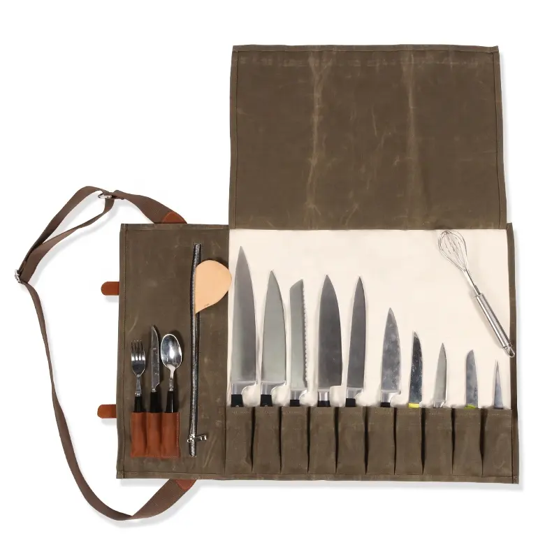 Qianshrong — couteaux de chef, professionnel, toile cirée personnalisée, manche en cuir, sac à roulement avec pochette à fermeture éclair