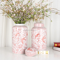 J261 haute qualité chinoiserie fleur rouge oiseau pot vase décor à la maison bocaux cylindriques en céramique avec couvercles
