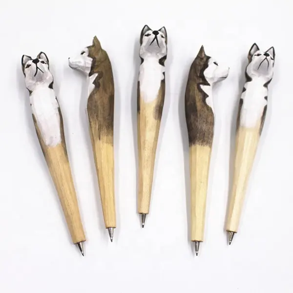 사무실과 학교를 위한 나무로 되는 조각품 회색 늑대 동물성 모양 펜