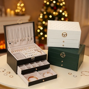 Elegante Scatola Portagioie in Pelle PU Trapuntata <span class=keywords><strong>a</strong></span> 3 Livelli con Cassetti, Grande Organizzatore per Anelli e Collane da Donna - Product Image 1