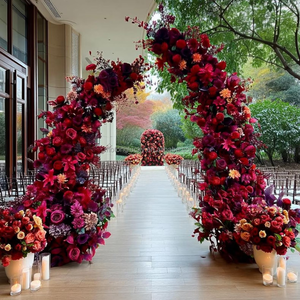 Roter Hortensien-Ramhorn-Bogen für Hochzeitsdekoration, Goldständer mit Seidenweißen Rosen und Eukalyptus für Gartenzeremonien, Eingangsbereiche, Partys und Events - Product Image 4