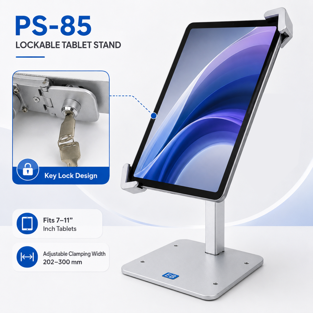 EB Lockable Tablet Stand 7-11 Inch Diagonal Clamp 360 Degree Rotation 250 Degree Tilt Metal Holder iPad Compatible Retail