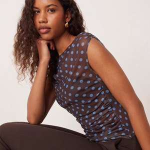 T-<span class=keywords><strong>shirt</strong></span> plissé à pois en <span class=keywords><strong>gaze</strong></span> à manches courtes, coupe ajustée et cintrée à la taille, best-seller transfrontalier Europe-Amérique pour <span class=keywords><strong>femme</strong></span> - Product Image 4