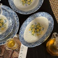 Assiette à dessert en céramique style français rétro, motif végétal floral citron gaufré, luxe léger vintage, compatible micro-ondes, pour l'après-midi 2026