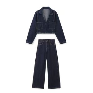 Hot Sale Women's Denim Sets with Turn-<b>Down</b> Collar V-Neck Long Sleeves Pockets Loose Straight <b>Pants</b> - Product Image 3