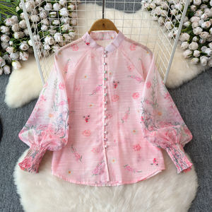 LE4378 rok berdiri gaya Vintage Perancis, kemeja kerah berdiri mode 2 potong Set wanita musim gugur baru bermotif Set dua potong - Product Image 4