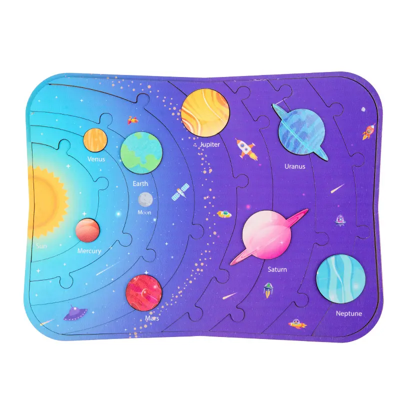 Montessori Wooden Solar System Board Jigsaw Puzzles Space Planets Puzzles Games Sun Earth Science Educational Toy