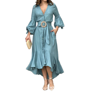 Vestido midi de moda y casual con cintura imperio, manga larga, cuello en V, estampado floral, tejido transpirable y con bolsillo. - Product Image 1