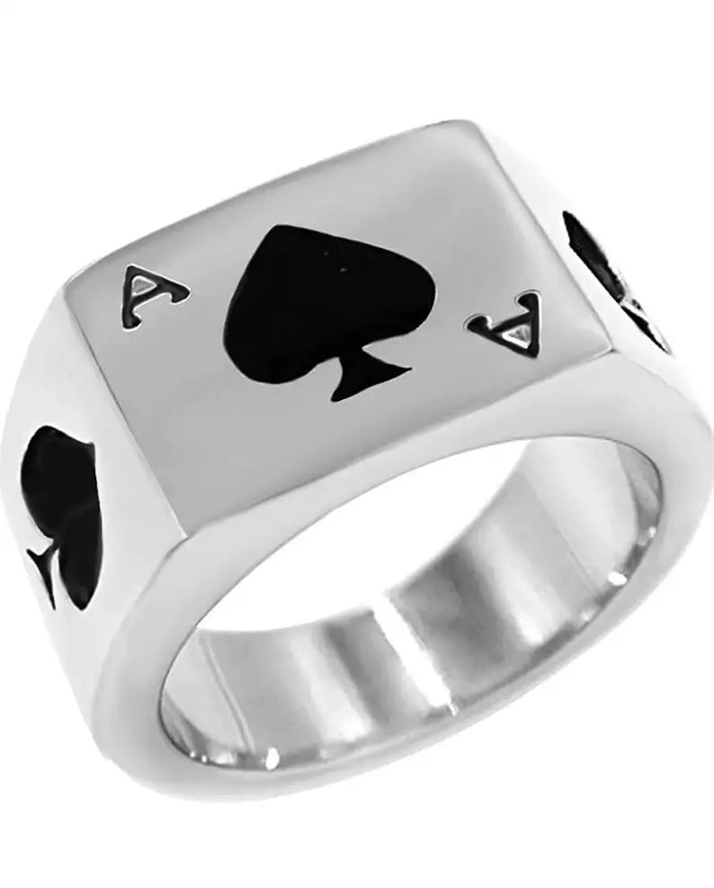 แหวนแฟชั่นสำหรับผู้ชาย,แหวนสแตนเลสทรงสี่เหลี่ยมสลัก Ace Of Spades Signet แหวนโลหะสำหรับผู้ชายปี316L