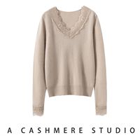 Pull en cachemire 100% à col en V, pull tricoté à bordure en dentelle pour femme, pull décontracté chaud, pull