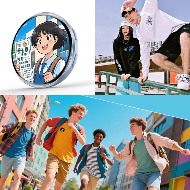 Portable Electronic Display Badge Supporting Pictures GIFs and Short Videos with LED Light Effects for Outdoor Activities