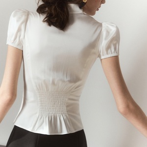 Custom Women Mandarin Collar Satin Blouse Puff Short Sleeve Front Zipper Fitted Slim Chinese Style Shirt <b>Top</b> for Women - Product Image 3