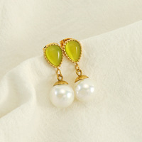 Boucles d'oreilles pendantes effet perle en forme de goutte verte, en acier inoxydable 304, plaqué or 18 carats sous vide, avec bordure perlée, 26 mm, pour femmes