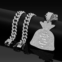 Collier tendance Bling Bling Sac d'argent, Chaîne cubaine plaquée or 18 carats, Pendentif Hip Hop signe dollar en strass de cristal pour soirée