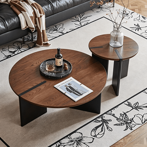 Modern Round Nesting Coffee <b>Table</b> Set of 2, <b>Walnut</b> Wood Side <b>Table</b> with Black Legs for Living Room - Product Image 1