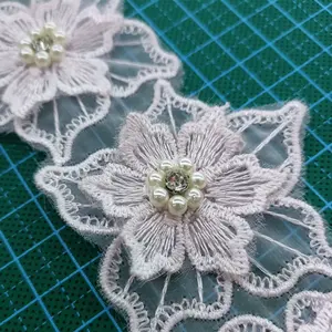 5 petaled çiçekler organze nakış çift dantel, DIY el boncuklu yapay elmas inci dantel konfeksiyon aksesuarları