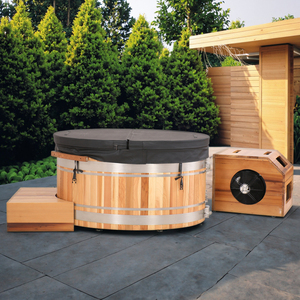 Baignoire Spa Moderne <span class=keywords><strong>en</strong></span> <span class=keywords><strong>Bois</strong></span> Massif de Cèdre Rouge pour Intérieur avec Seau à Glace, Autoportante, Écologique, Forme Immersible - Product Image 1