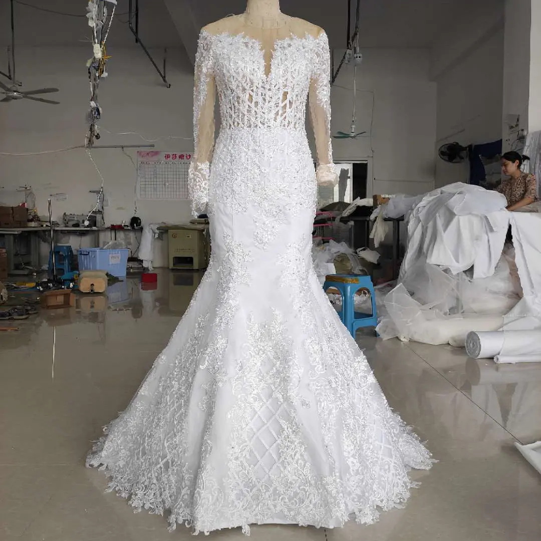 Sparkly Lace Wedding Dress Mermaid Illusion Bodice vestido de noiva Long Sleeve Sheer Neck Appliques Bridal Gowns