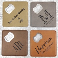 Décapsuleur carré en similicuir PU personnalisable avec logo gravé, décapsuleur en métal laserable, sous-verre en similicuir