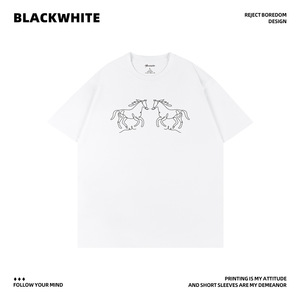 Camiseta Blanca con Diseño de Doble Línea de Caballo, Unisex, Informal, Q152, 100% Algodón, Transpirable, Diseño Simple - Product Image 5