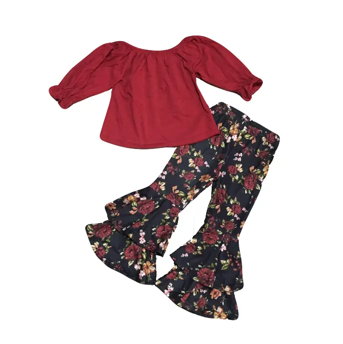 Бордовый топ с цветочным принтом для маленьких девочек с оборками и брюками-колокольчиками
