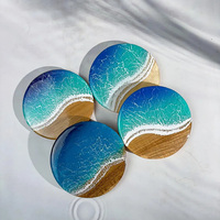 Ensemble de sous-verres en bois Boho Coasts, formes variées, motif marée, avec support, en époxy anti-rayures, pour la décoration de table de villa de plage, café ou bureau