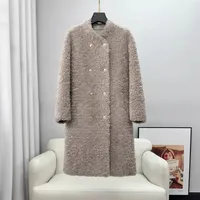 Abrigo de Piel de Oveja de Longitud Media para Mujer, Abrigo Holgado de Doble Botonadura de Lana de Cordero para Dama y Niña CT639