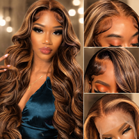 Perruque naturelle noire avec mèches blondes, mélange de couleurs, ondulée, bouclée, pré-épilée, avec dentelle transparente HD, en cheveux humains vierges bruts