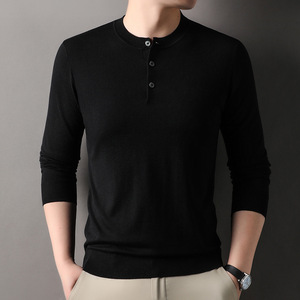 Nouveauté, tricot de qualité en laine peignée, t-shirt à manches longues léger pour homme, col Henry, contenant de la laine de cachemire, pull - Product Image 5