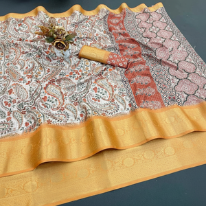 ÚLTIMO ESTAMPADO DE SEDA DOLA CON JACQUARD FRONTERA TRABAJO SAREE CON BLUSA DESECHADA DESCOSTE FESTIVA PRECIO AL POR MAYOR ROPA ÉTNICA AMARILLO - Product Image 1