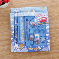 Vente en gros de 9 pièces de papeterie de dessin animé mignon pour l'école coffret cadeau créatif fantaisie rouge bleu rose jaune ensemble de papeterie de couleur