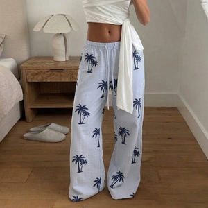 Women Coconut Tree stripes Print Wide Leg Pants Summer Beach Vacation High Waist Loose Fit Casual Resort Lounge <b>Trousers</b> - Product Image 4