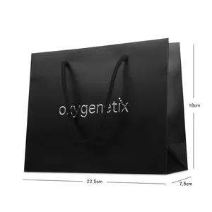 custom printed high quality logo silver foil glossy black paper bags le sac en papier with black satin ribbon rope